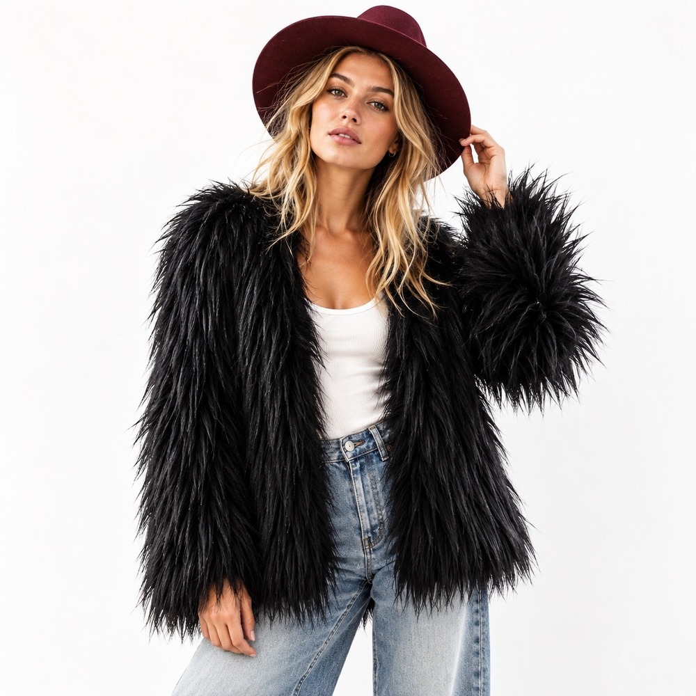 Ladakh x Urban Outfitters Shaggy Faux Fur Jacket Womens Size M Black Y2K Glam